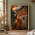 A bright-eyed red fox with a green shoulder satchel stands among dark trees, rim-lit by a golden sunset over distant water.; frame shown for styling only