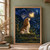 A seated brown-and-white long-eared dog gazes at a glowing golden moth beneath a giant indigo flower in a moonlit garden.; frame shown for styling only