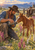 A kneeling ranch hand in a hat and denim offers water from a metal canteen to a foal among wildflowers, with a saddled horse and mountains behind them.