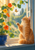 Fluffy ginger cat reaching toward an orange butterfly beside orange and yellow nasturtiums in a cobalt-blue pot on a sunlit window ledge.