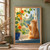 Fluffy ginger cat reaching toward an orange butterfly beside orange and yellow nasturtiums in a cobalt-blue pot on a sunlit window ledge.; frame shown for styling only