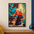 Illustrated silver-haired woman leaning from a cane chair toward a turntable in a sunlit room with large tropical leaves.; frame shown for styling only
