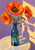 Three orange poppies with dark centers in a cobalt-blue glass bottle on a round table, casting a sharp shadow on a lilac wall.