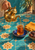 Hand pouring amber tea from a brass teapot into a glass on a cobalt saucer, with dates and a saffron cloth on turquoise patterned tiles.