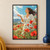 Woman with windblown hair and an open hand among red poppies and white umbels, with drifting seed fluffs, distant hills, and blue sky.; frame shown for styling only