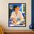 A laughing woman reaches for an orange while holding a patterned cup at a sunlit breakfast table with toast, blueberries, and leafy plants.; frame shown for styling only
