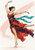 Full-length dancer balancing with raised arms in a flowing red and plum garment and turquoise sash against a pale blush brushstroke.