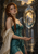 A red-haired female spellcaster in teal presents a suspended oval of water containing sunlit ruins, with smaller droplets glowing below.