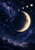 Cratered crescent moon with a curved sequence of lunar phases, stars, and clouds in a deep indigo and violet sky.