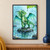 Bright green winged dragon standing with one forefoot lifted on a wet river stone beneath a falling raindrop and leaf.; frame shown for styling only
