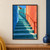 Blue-green outdoor staircase between coral and turquoise walls with a red-orange handrail.; frame shown for styling only