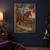 Chestnut horse carrying a luminous constellation-like rider through a fruiting orchard at dusk, with a village in the distance and a basket of fruit.; frame shown for styling only