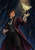 A stage magician in an ornate plum coat watches a glowing moth hover above an open gloved hand, with gold sparks against a dark backdrop.