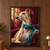 A fawn, long-muzzled dog wearing a teal scarf turns toward light against a burgundy background; The Dapper Whippet appears below.; frame shown for styling only