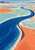 Cobalt-blue stream winding through turquoise and coral salt-flat terrain toward an orange pool and distant mountains.