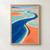 Cobalt-blue stream winding through turquoise and coral salt-flat terrain toward an orange pool and distant mountains.; frame shown for styling only