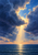 Dark storm clouds open around a bright sky as sunbeams fall toward a calm ocean and gold reflection.