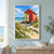 A scarlet beach hut with an open pale-yellow door stands on a timber platform in dunes, framing a glimpse of turquoise sea.; frame shown for styling only
