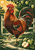 A red-and-copper rooster with a broad arched tail stands among green apples in an orchard, with sun rays, gate rails, and foliage.