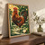 A red-and-copper rooster with a broad arched tail stands among green apples in an orchard, with sun rays, gate rails, and foliage.; frame shown for styling only