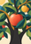 Geometric fruit tree with a large coral-red apple, smaller golden-yellow apple, overlapping green and blue leaves, ochre branches, and charcoal trunk.
