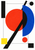 Red circle overlapping a blue semicircle beneath a thick diagonal black band, with a yellow square and smaller geometric shapes on an off-white ground.