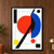 Red circle overlapping a blue semicircle beneath a thick diagonal black band, with a yellow square and smaller geometric shapes on an off-white ground.; frame shown for styling only
