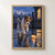 Wiry terrier with one forepaw raised watches a glowing paper boat in a rooftop puddle at blue hour.; frame shown for styling only