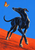 Dark sighthound-like dog turns toward an orange butterfly above a vermilion ground against a bright blue field.