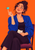 Illustration of a seated woman in a cobalt cardigan balancing a turquoise paper crown on one fingertip against an orange background.