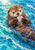 Young brown sea otter floating on its back and holding a pale shell amid bright turquoise water, foam, and bubbles.