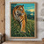 Orange-and-black tiger standing in tall grass with its head turned toward the viewer, under a turquoise sunrise sky.; frame shown for styling only