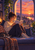 Adult woman curled on a cushioned window seat reading an open book beside a cat, with a mug, trailing plant, and sunset view through an arched window.