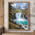 Turquoise waterfall flowing into a pool beneath a glacier-cut alpine peak, with spruce, wildflowers, meadow, and a small hiker at right.; frame shown for styling only
