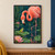 Coral-pink flamingo bends toward a bright-green frog raising its forefoot from a lily pad in a dark marsh with pink lotus flowers.; frame shown for styling only