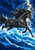 Charcoal-gray horse galloping through foamy electric-blue water beneath branching lightning in a dark storm sky.