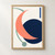 Abstract poster with a large navy circle, coral crescent, green arc ending in a small disc, and short blue bar on warm white.; frame shown for styling only