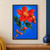 Large scarlet pomegranate flower with yellow-orange stamens, young fruit, green leaves, and buds against a cobalt-blue background.; frame shown for styling only