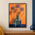 Three violet allium-like seedheads in a smoky-blue glass bottle, with one loose bloom against an apricot-orange wall.; frame shown for styling only