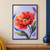 Large coral-red poppy with a golden center, curved green stem and broad leaves against a pale lavender background.; frame shown for styling only