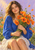 A seated woman in a cobalt-blue blouse holds orange poppies against her chest, surrounded by greenery and lavender hues.