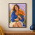 A seated woman in a cobalt-blue blouse holds orange poppies against her chest, surrounded by greenery and lavender hues.; frame shown for styling only