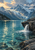 Small waterfall spilling from a rocky ledge into a turquoise alpine lake beneath a glacier and layered blue-gray mountains.