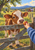 A brown-and-white calf reaches toward a red apple held across a wooden gate, with cows, a barn and hills in the background.
