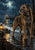 Full-body brindle terrier on a wet nighttime harbor quay, with boats, ropes, water, and amber lanterns.