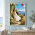 Adult woman in a flowing white dress raises one arm toward a bright red kite above flowering vines, with a coastal town and sea in the distance.; frame shown for styling only