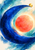 Luminous coral-orange disc enclosed by a sweeping cobalt-blue crescent, with a small golden sphere near its upper tip on a cream field.