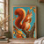 Red-orange squirrel holding an acorn on a forked branch, with a large curling tail and autumn leaves against teal.; frame shown for styling only