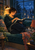 Woman reading an open book in a teal window seat beside a sleeping cat, with a brass lamp and moonlit city view.