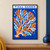 Orange, pale aqua and warm-white branching coral with bubbles on cobalt blue, beneath a TIDAL GARDEN header.; frame shown for styling only